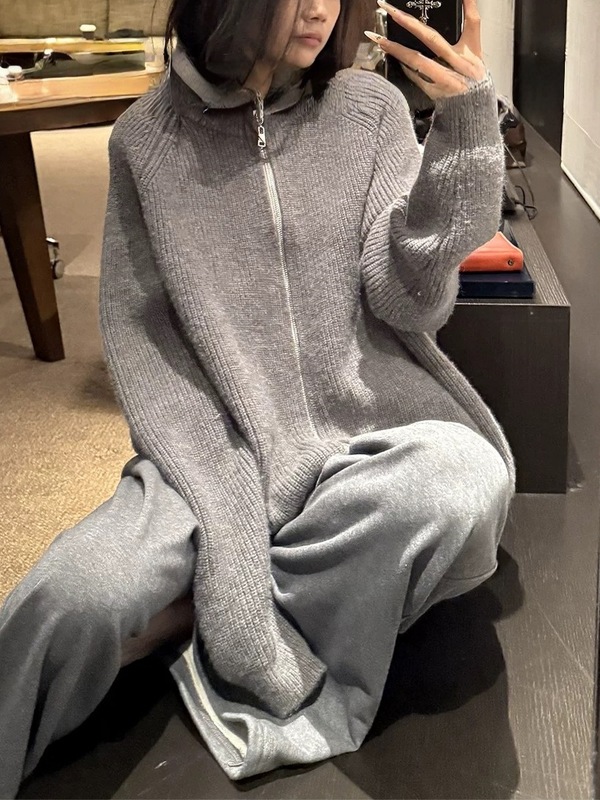 YOLO SHOP 灰色简约高领毛衣女秋季宽松百搭针织开衫外套上衣|undefined