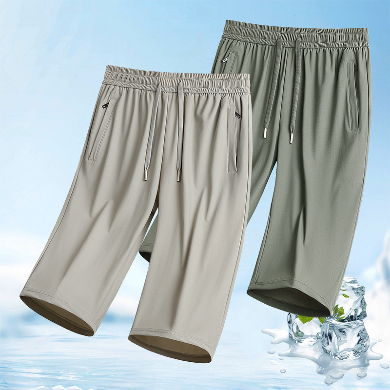 Large Size Ice Silk Cropped Pants for Men, Summer Thin Breathable Quick-Dry Trendy Shorts, Outdoor Sports Loose Casual Pants