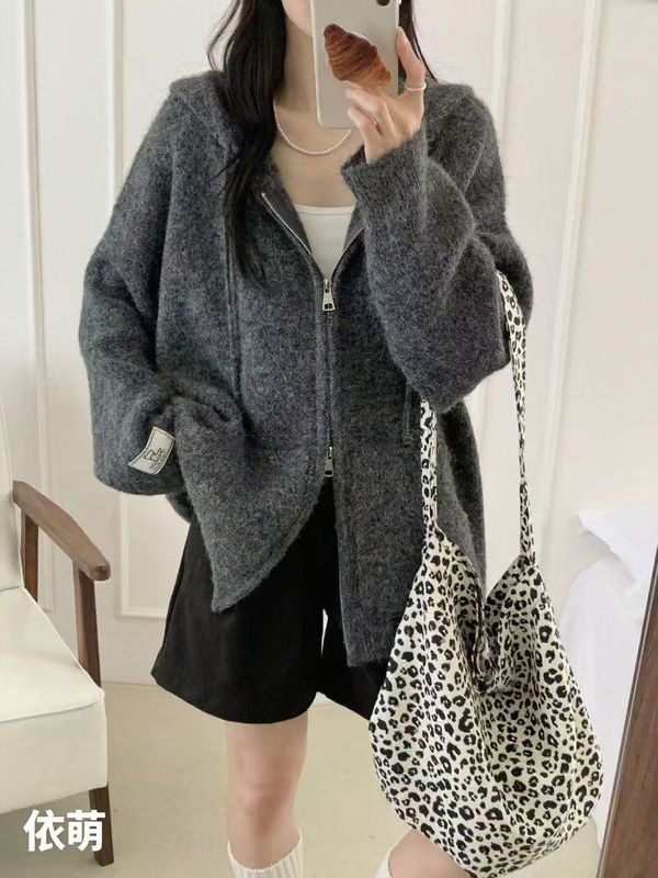 奢缇家双拉链2025冬款新款外贸毛衣慵懒针织开衫连帽上衣女装宽松|undefined