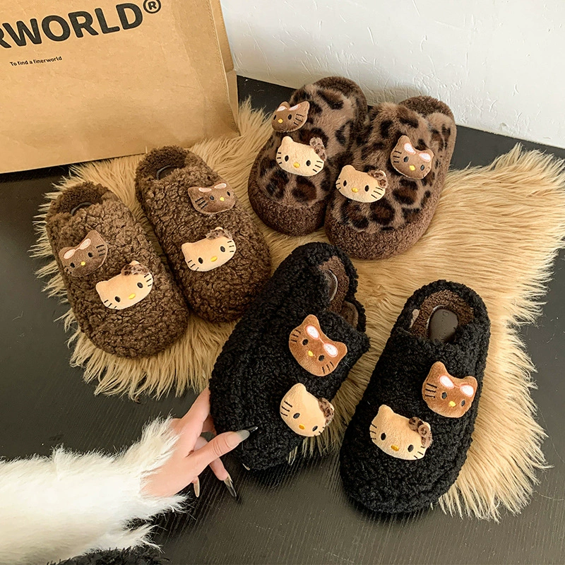 Милый кот Баотоу мультфильм шерстяные тапочки женские наружные носить 2024 новые осенние и зимние толстые подошвы, чтобы согреться