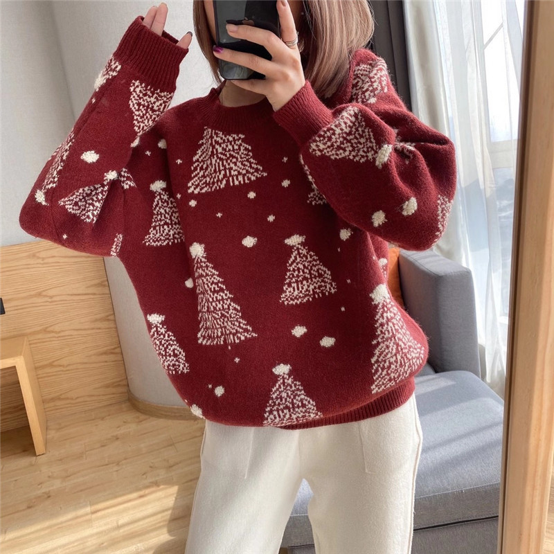 Korean Style Christmas Tree Sweater Women's Pullover 2024 Autumn and Winter New Loose Lazy Style Artistic Retro Knitted Sweater Jacket Korean Style Christmas Tree Sweater Women's Pullover 2024 Autumn and Winter New Loose Lazy Style Artistic Retro Knitted Sweater Jacket