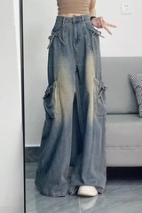 美式复古蝴蝶结绑带牛仔裤女2025年春秋新款多口袋高腰显瘦阔腿裤