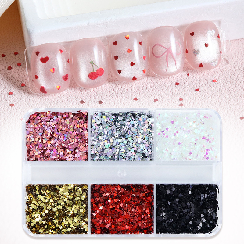 Valentine's Day 6-Grids Laser Heart Nail Art Sequins Wholesale 1mm Peach Heart Mini Colorful Nail Glitter Decorations