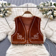 民族风重工刺绣复古流苏马甲波西米亚新疆外搭麂皮绒坎肩短款开衫