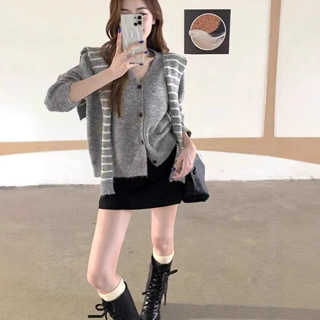 设计感条纹披肩长袖毛衣外套女秋冬百搭显瘦内搭纯色针织开衫上衣