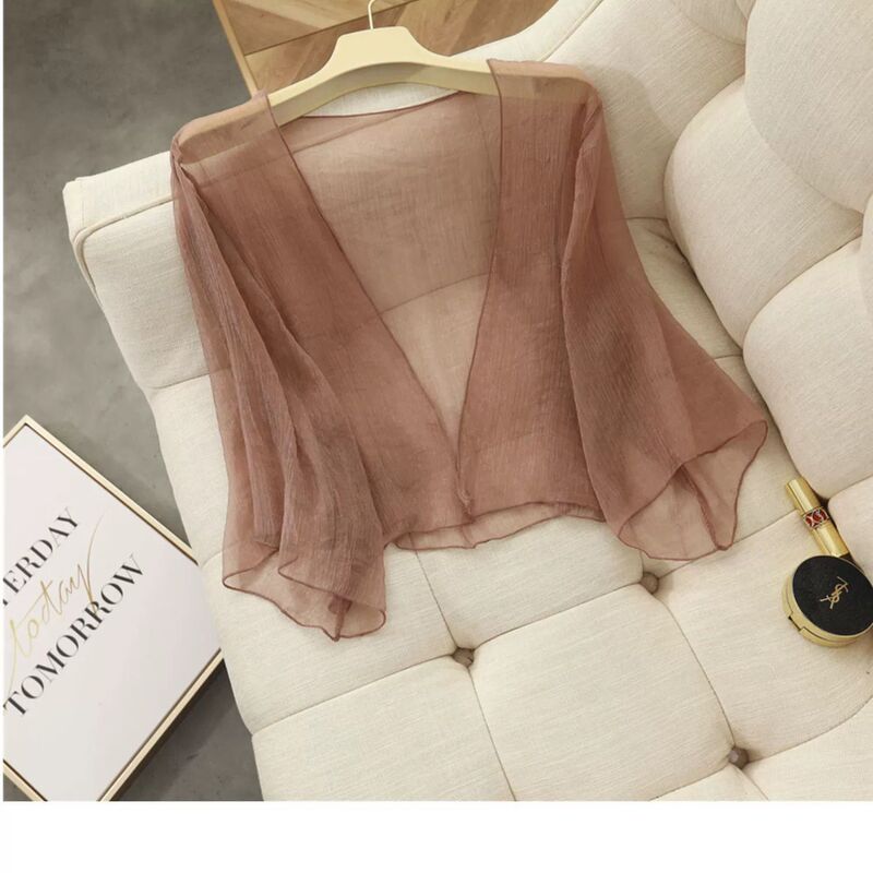 Bright Silk Chiffon Sun Protection Clothing for Women in Summer with Suspender Skirt and Small Shawl Cardigan Thin Jacket Short Breathable Blouse