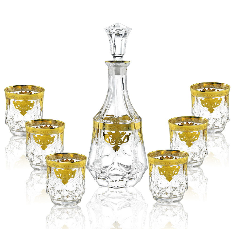 欧式复古酒杯真金金花纸水晶玻璃洋酒杯 威士忌描金酒杯酒壶套装