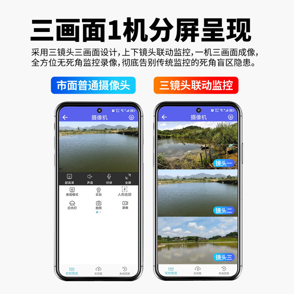 4G al aire libre tres lentes tres cámaras de monitoreo de imagen teléfono móvil de alta definición remota estanque de peces huerto intercomunicación de voz
