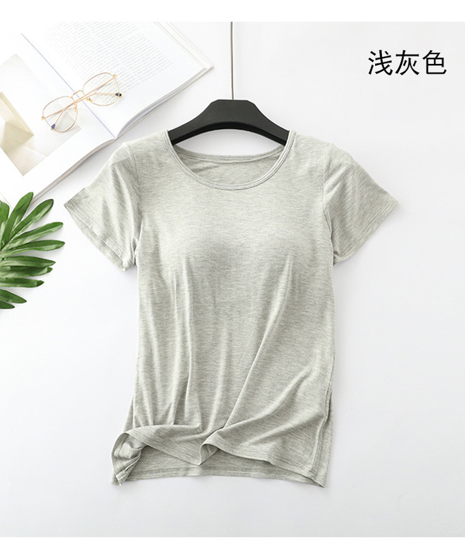 莫代尔带胸垫短袖T恤瑜伽家居服睡衣上衣女半袖文胸罩杯一体打底|undefined