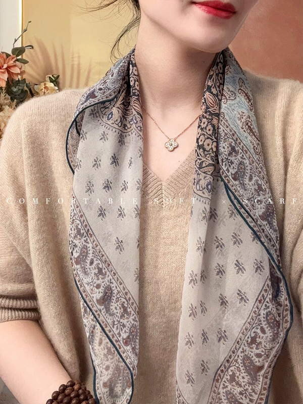 雅致古典风！新款真丝丝巾女春夏乔琪纱多功能桑蚕丝装饰领巾方巾|undefined