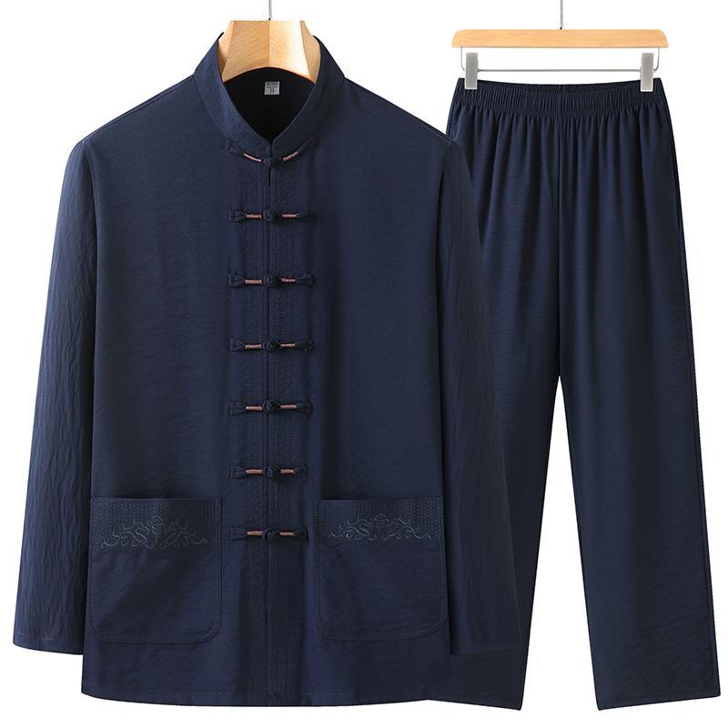 New Tang-style men's summer short-sleeved plus-size ethnic embroidered two-piece set for middle-aged and elderly men, Chinese style casual father's clothing