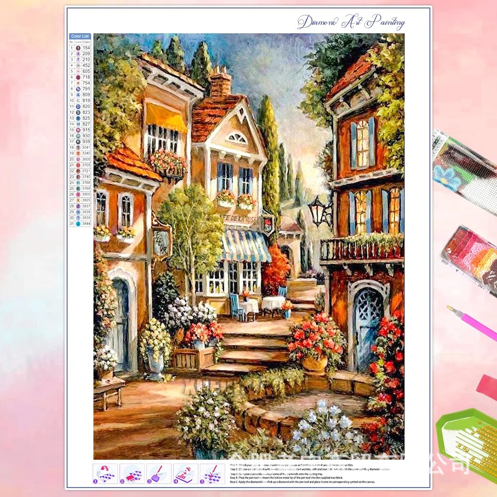 Venta caliente transfronteriza dibujos animados ciudad de bricolaje casa paisaje lleno de diamantes sala de estar dormitorio decoración pegatinas fabricante de pintura de diamantes