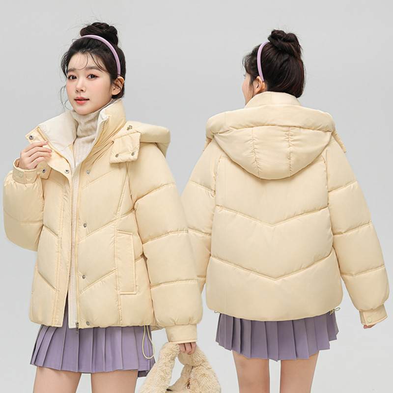 Algodón mujer 2025 otoño y invierno nuevo estilo coreano corto engrosado plumón chaqueta de algodón pequeño suelto chaqueta con capuzas de color contraste