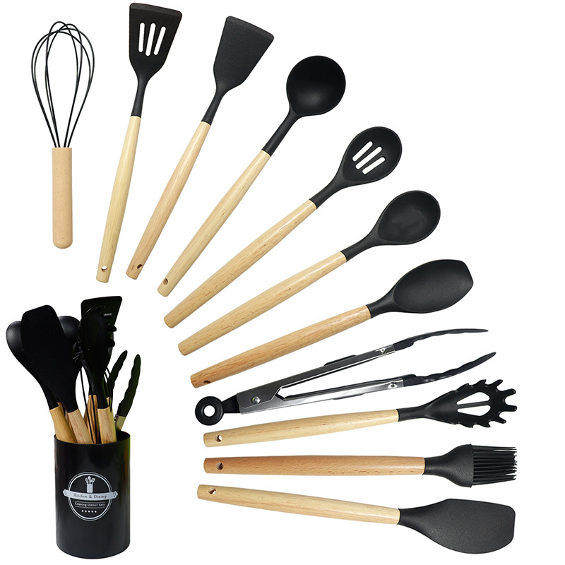 12-pieza de silicona utensilios de cocina antiadherente pan pala de silicona hogar grado alimenticio espátula de silicona cuchara de sopa traje en stock al por mayor