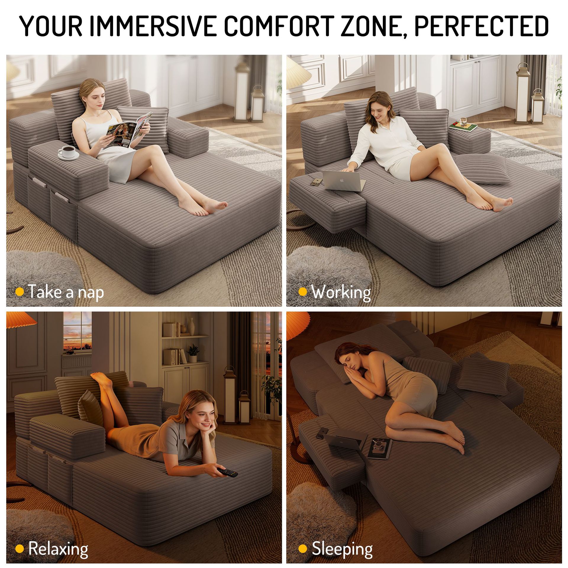 Super sillón interior 50 pulgadas (aproximadamente 127 cm) ancho acolchado sofá de terciopelo cómodo esponjoso arena nublada