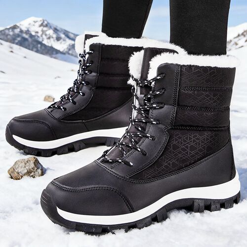 Women's Cotton Snow Boots - New Winter Fleece Lined, Thick High-Top Waterproof Slip-Resistant Laced Snow Boots