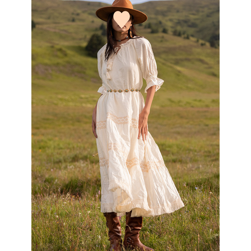 Beige Tassel Vacation Style Xinjiang Travel Outfit Bohemian Long Dress For Women Summer_ecoleips.com