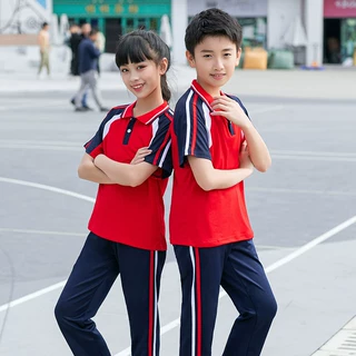 工厂定制LOGO夏季初中小学生校服男女高中班服幼儿园园服短袖套装