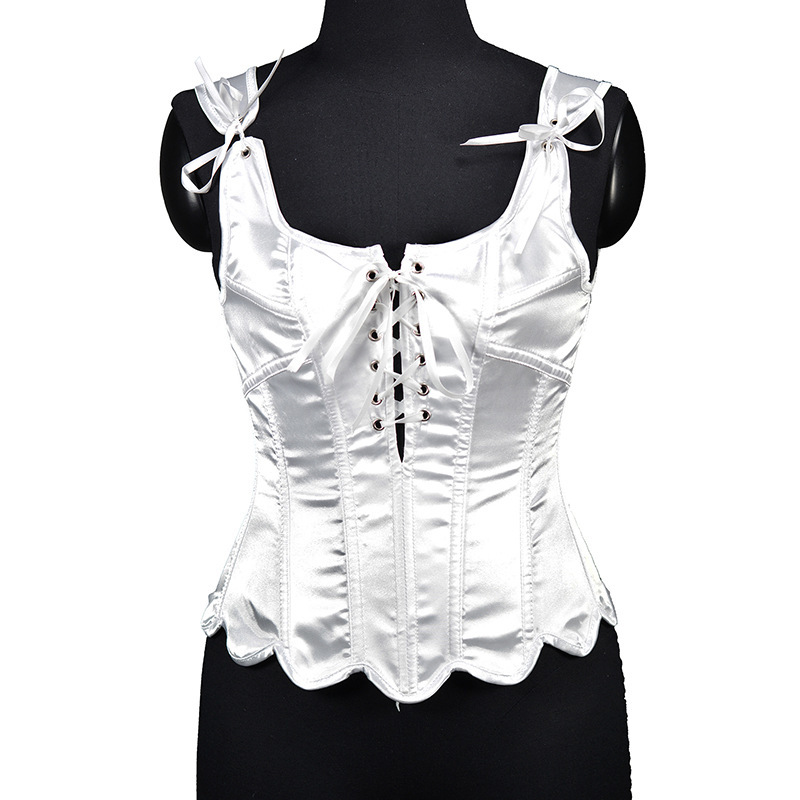 6812 Hot-Selling New Style Floral Edge Vest Corset Top with Back Tie, Fishbone Bustier, Low-Cut Front Tie, Satin Style