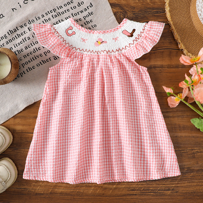 2026 New Summer Style Girls' Pink Plaid Seersucker Dress Western-Style Embroidered Ruffled Sleeve A-Line Dress