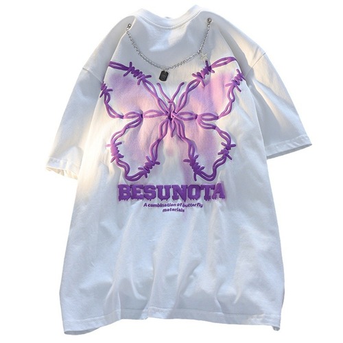 American Retro Butterfly Necklace Cotton Short Sleeve T-Shirt for Women Summer European and American Style High Street Fashion Couple Vintage Top