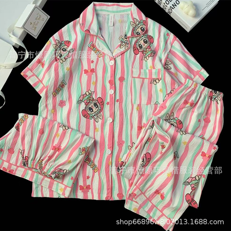 Hermosos pijamas de tela de rabu mujeres primavera y otoño verano nubes de algodón dulce mangas cortas pantalones cortos de tres piezas ropa para el hogar