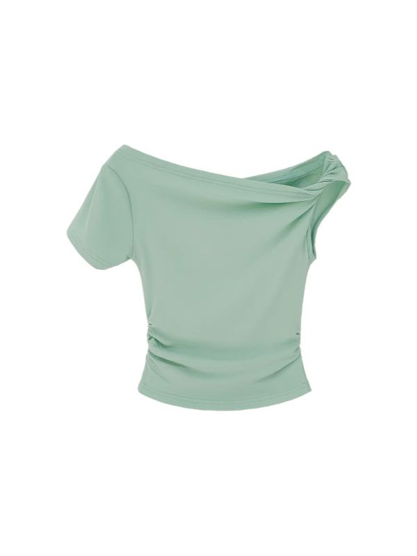 韓国版レイジースタイルミントグリーンスイングカラースラントショルダー半袖Tシャツ女性用2025夏ユニークで美しい初夏のトップ|undefined