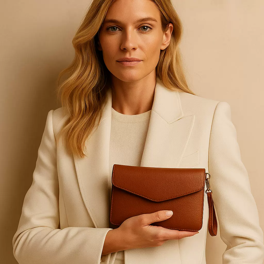 头层牛皮棕色真皮纹理手拿包优雅翻盖信封包女士小手提单肩晚宴包