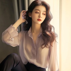 2025 春夏フレンチスタイルユニークでシックなトップススマート気質通勤プロスタイルレースステッチシフォンシャツ女性用