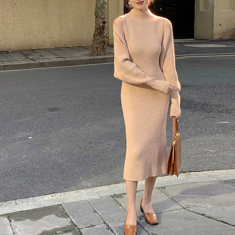 Women's Sweater Dress Casual Elegant High Neck Long Sleeve Solid Color Midi Dress Daily Street display picture 6