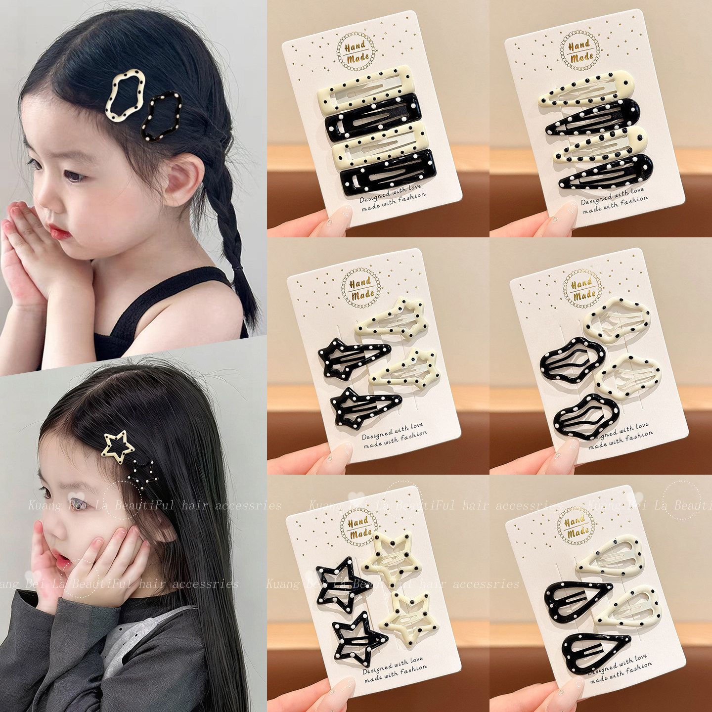 Children's Black And White Polka Dot Hair Clips For Girls, Side Hair...