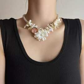 度假风夸张不规则天然贝壳花朵珍珠项链女甜酷百搭串珠锁骨链颈链