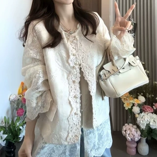 时尚圆领短款国风马甲女＋蕾丝镂空钩花V领长袖小衫超火洋气套装
