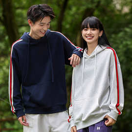 秋冬重磅380g落肩毛圈连帽卫衣男美式套头潮牌彩条logo定制套帽