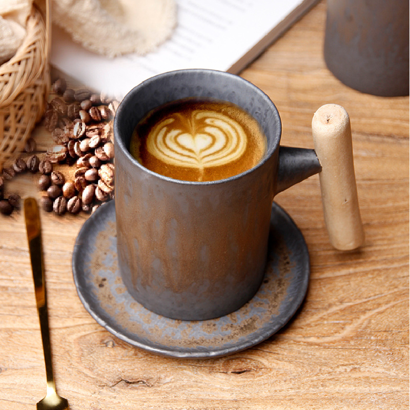 Japanese Retro Ceramic Coffee Mug With Wooden Handle_voghion.com