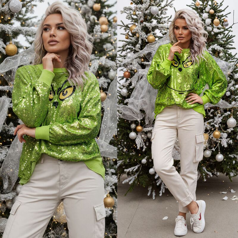 Cross-Border 2025 European and American Autumn and Winter Christmas Long-Sleeved Sequin Printed Jacket Ins Casual Loose Party Women's Top
