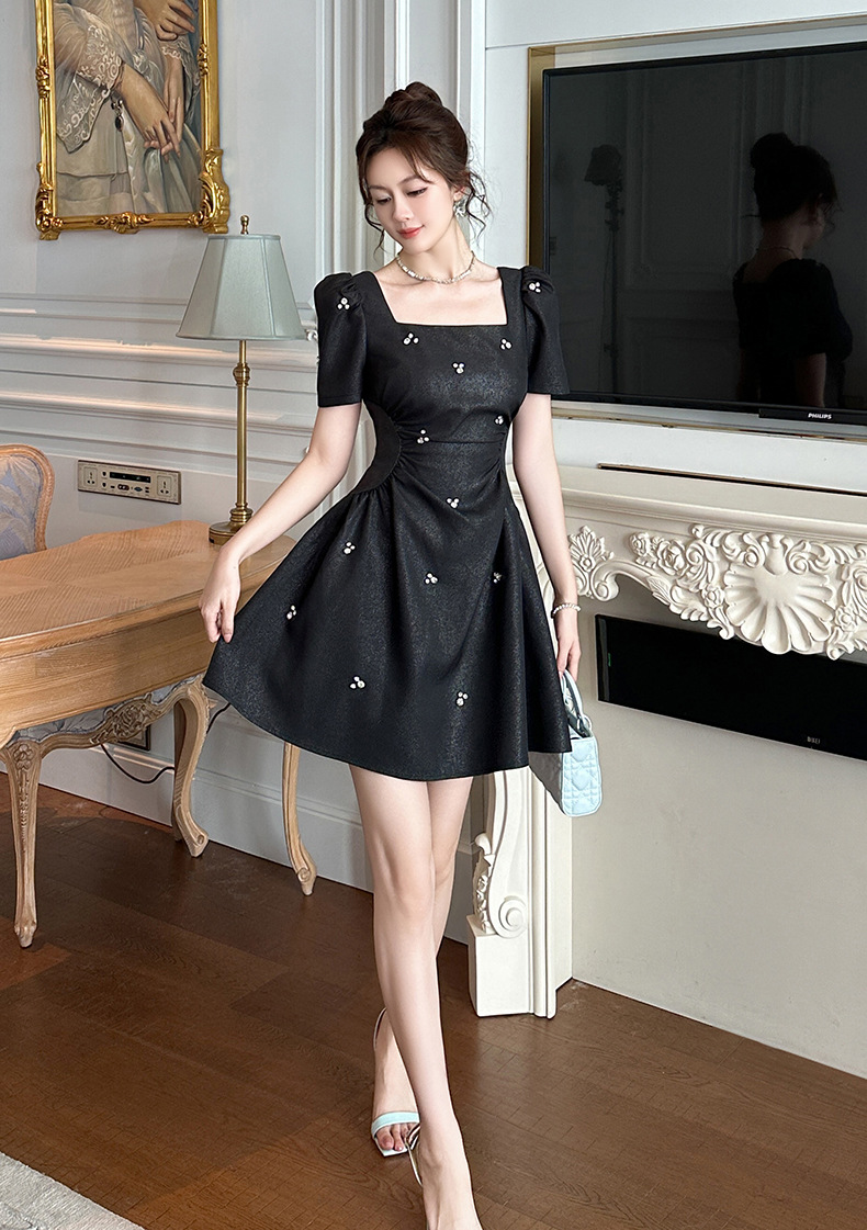 Váy đầm nữ cổ vuông phồng thắt eo đính kim cương phong cách công chúa — Màu đen chi tiết 11