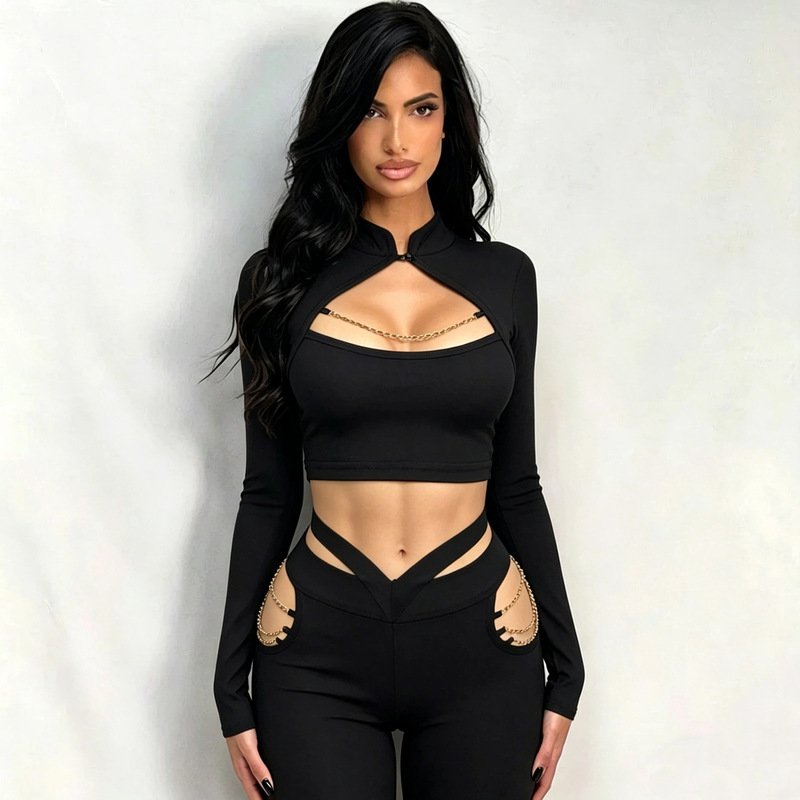 Elegant Cut-Out Chain Set, Waist-Revealing Short Top with Long Sleeves, High-Waisted Flared Pants, Party-Ready Two-Piece Set Elegant Cut-Out Chain Set, Waist-Revealing Short Top with Long Sleeves, High-Waisted Flared Pants, Party-Ready Two-Piece Set