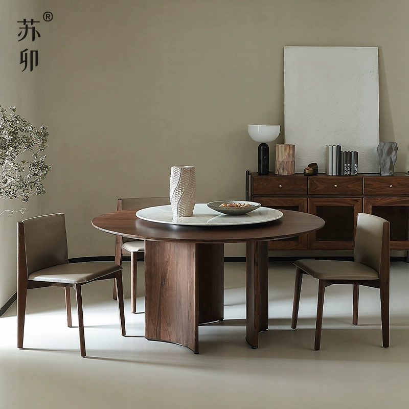 Suo Mao Новый обеденный стол и стул из цельного дерева в китайском стиле для домашнего использования с поворотным столом из каменной плиты, простой круглый обеденный стол из черного ореха для небольшой квартиры.