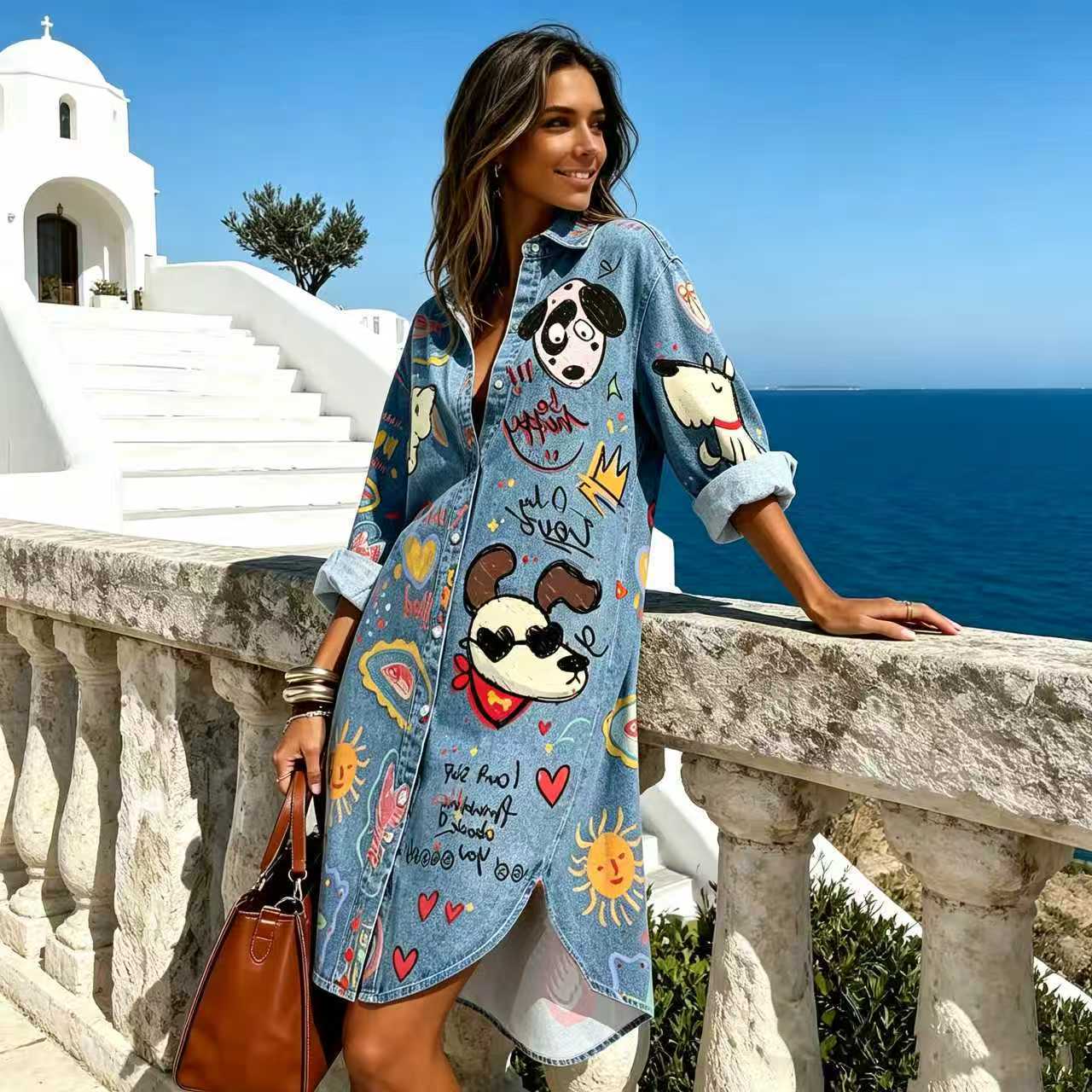 Women's Clothing Women's Resort Style Printed Shirt Loose Long Sleeve Lapel Button Down Casual Beachwear Dress_ecoleips.com