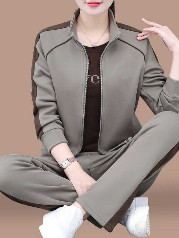 立领休闲运动套装女2025新款春秋中年妈妈宽松跑步卫衣外套三件套|undefined