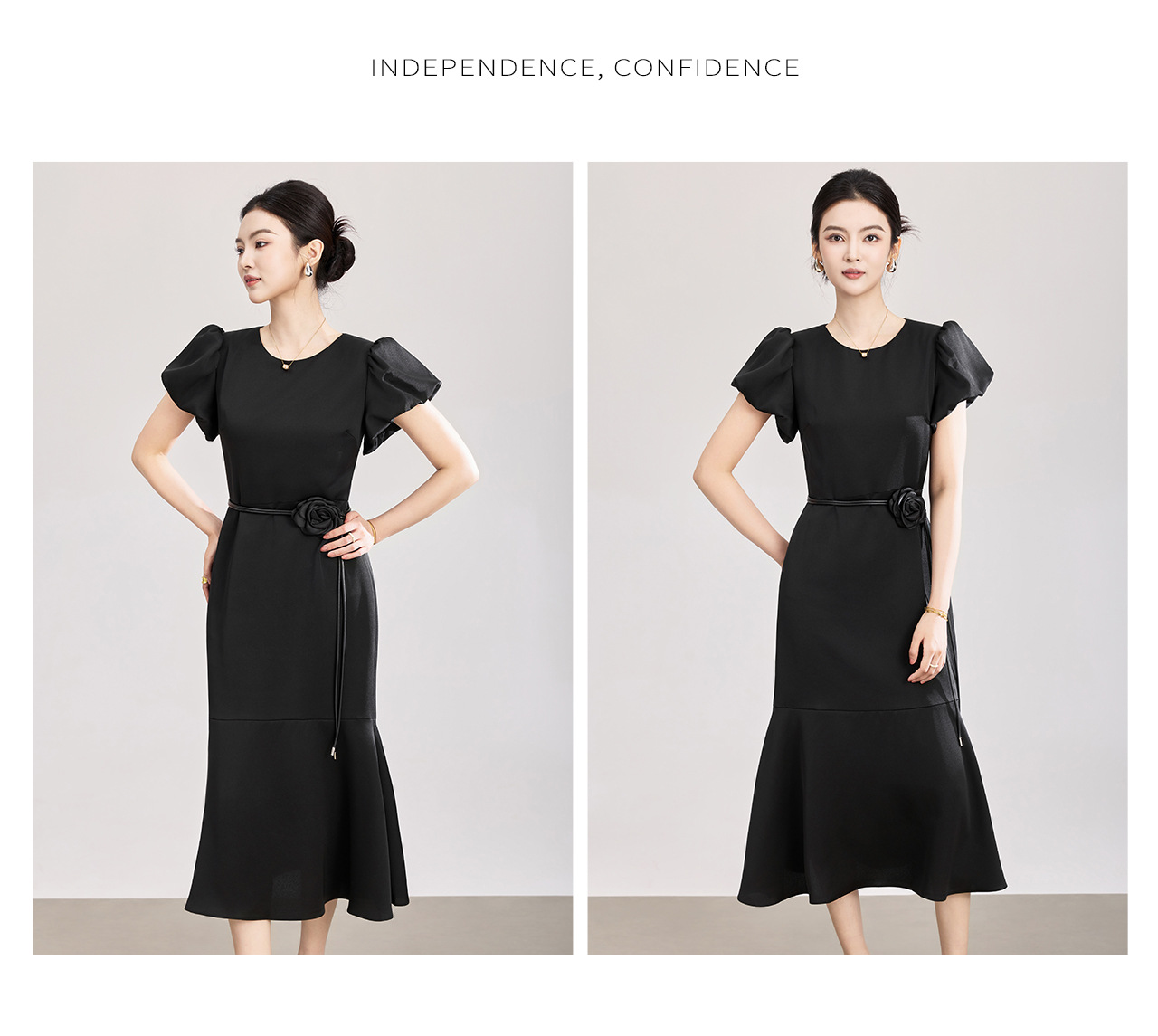 Váy liền nữ tay bồng, thắt lưng hoa sơn trà, đuôi cá, ôm body, phong cách thanh lịch — màu đen chi tiết 13