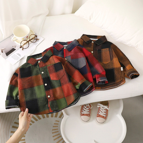 Autumn children's grid coat for boys and girls, baby vest top for middle children, stylish casual long-sleeved shirt