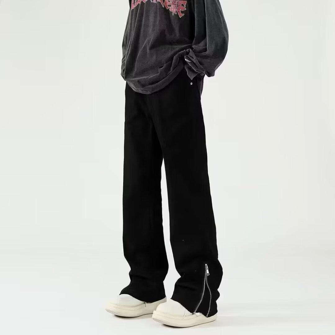 Pantalones estilo vibe americano, pantalones vaqueros negros rotos de la marea de la calle alta, pantalones cortos con cremallera dividida de estilo fino de verano para hombre