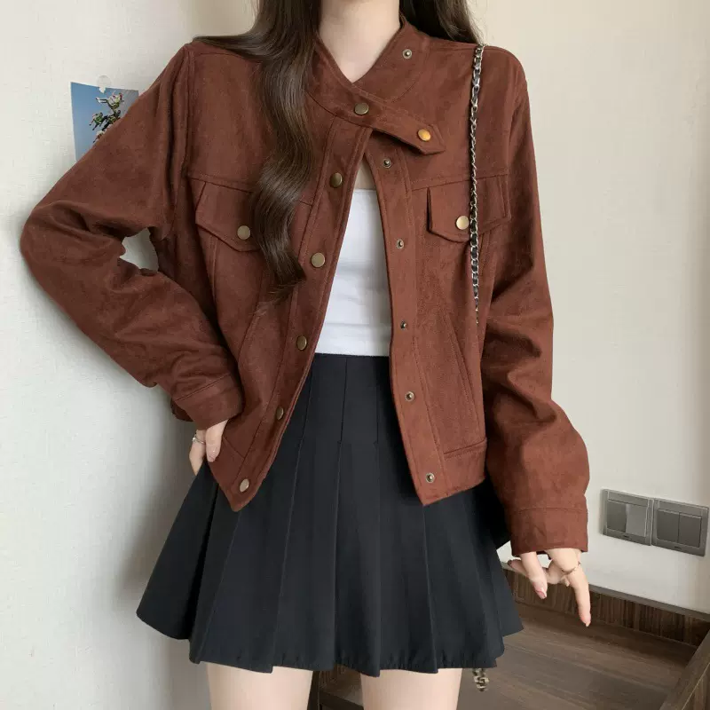 大码2025春装新款韩版设计感鹿皮绒宽松显瘦短款长袖夹克外套女
