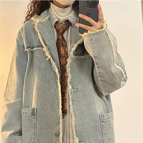  American Retro Spring New Loose American Retro Raw Edge Washed Distressed Lapel Denim Jacket for Women