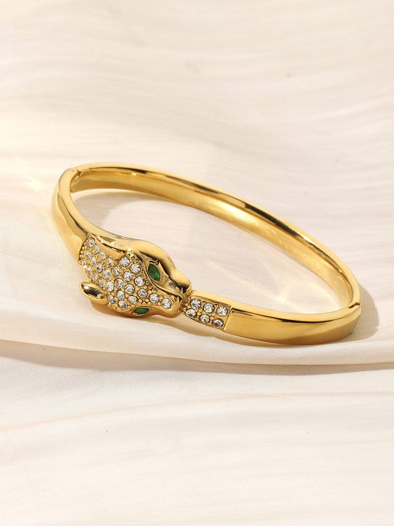 Bracelet ouvert incrusté de diamants léopard aux yeux verts populaire et très vendu, design de niche, bracelet haut de gamme miroir_voghion.com