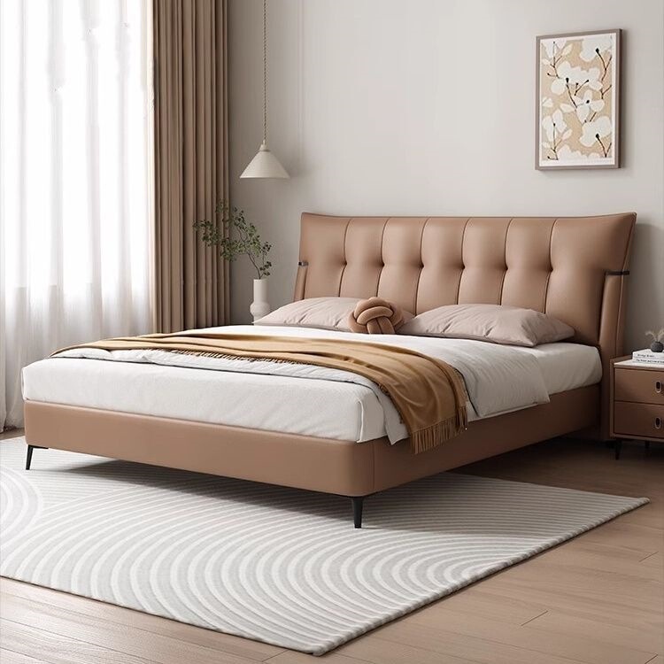 Minimalist genuine leather bed, modern simple master bedroom double bed, waffle pattern, Italian light luxury soft upholstery, large size wedding bed Minimalist genuine leather bed, modern simple master bedroom double bed, waffle pattern, Italian light luxury soft upholstery, large size wedding bed
