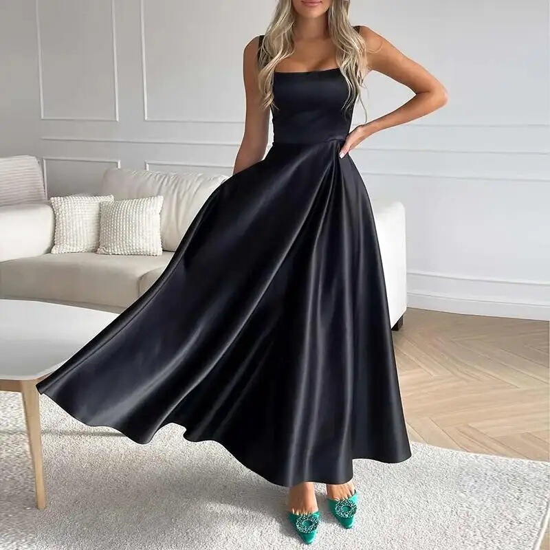 Amazon European and American Style Spaghetti Strap Evening Dress 2026 New Model Birthday Party Elegant Long Satin Gown