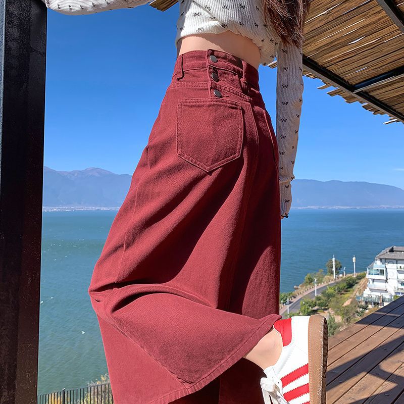 Ankora Red-breasted High Waist Denim Skirt Women's Spring and Summer 2025 New Mid-length Split Slimming Hip Skirt